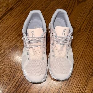 On Running Pink and White Athletic Shoes with CloudTec